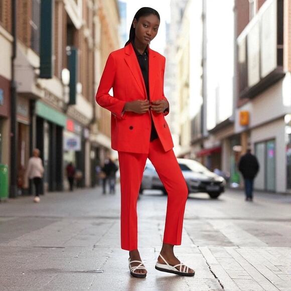 THEORY NWT Treeca 'Good Linen' Pull-On Pants Scarlet Red Eco Crunch Wash Office - Picture 1 of 12